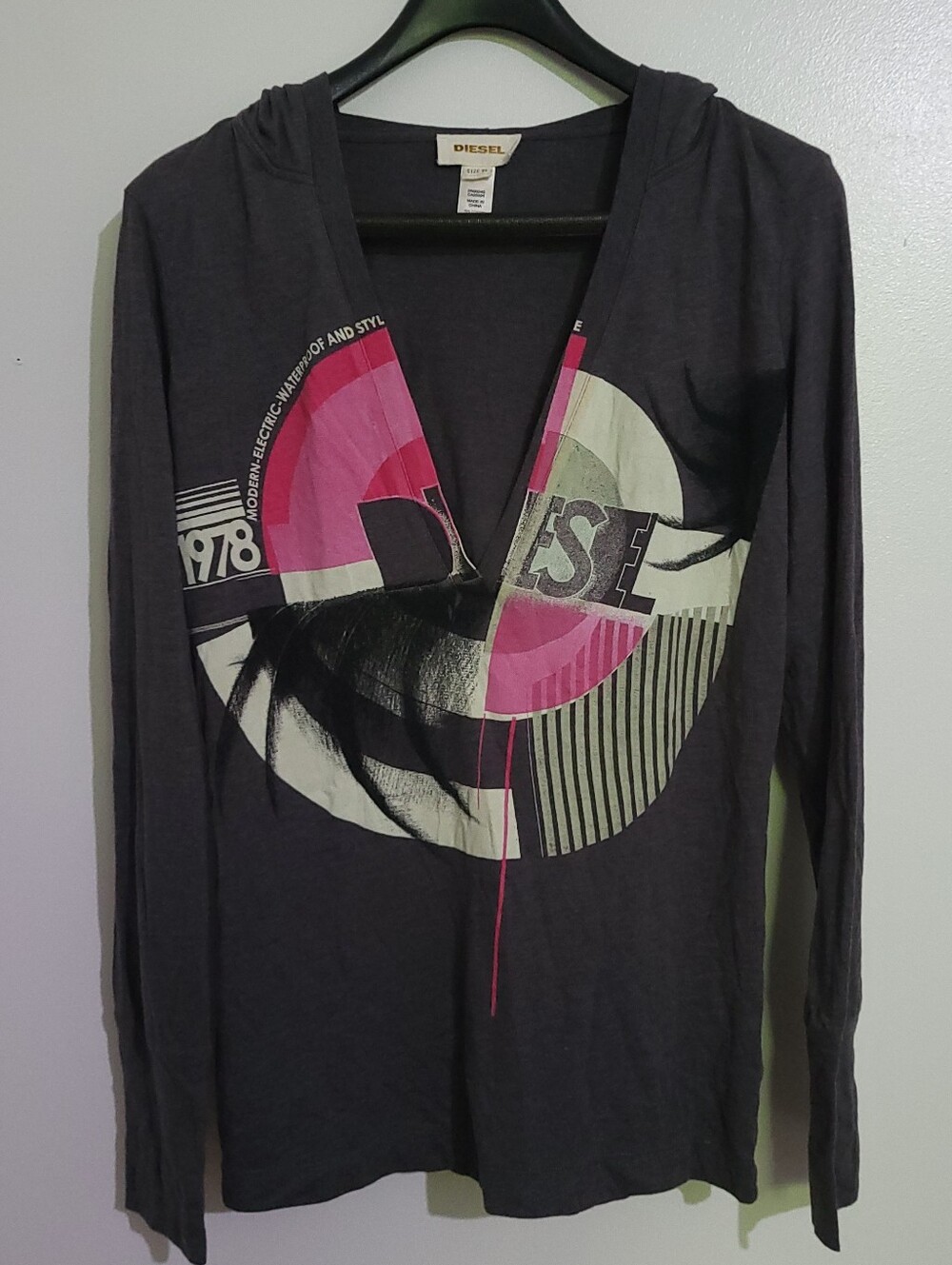 Diesel Y2K Hoodie Long Sleeve Graphic V-neck Tee Gray XL